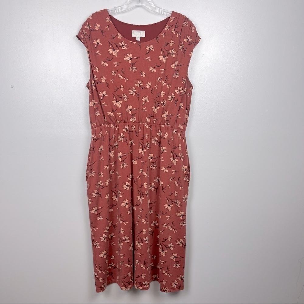 Ryllace tencel blend rust floral cap sleeve midi dress, size 1X.